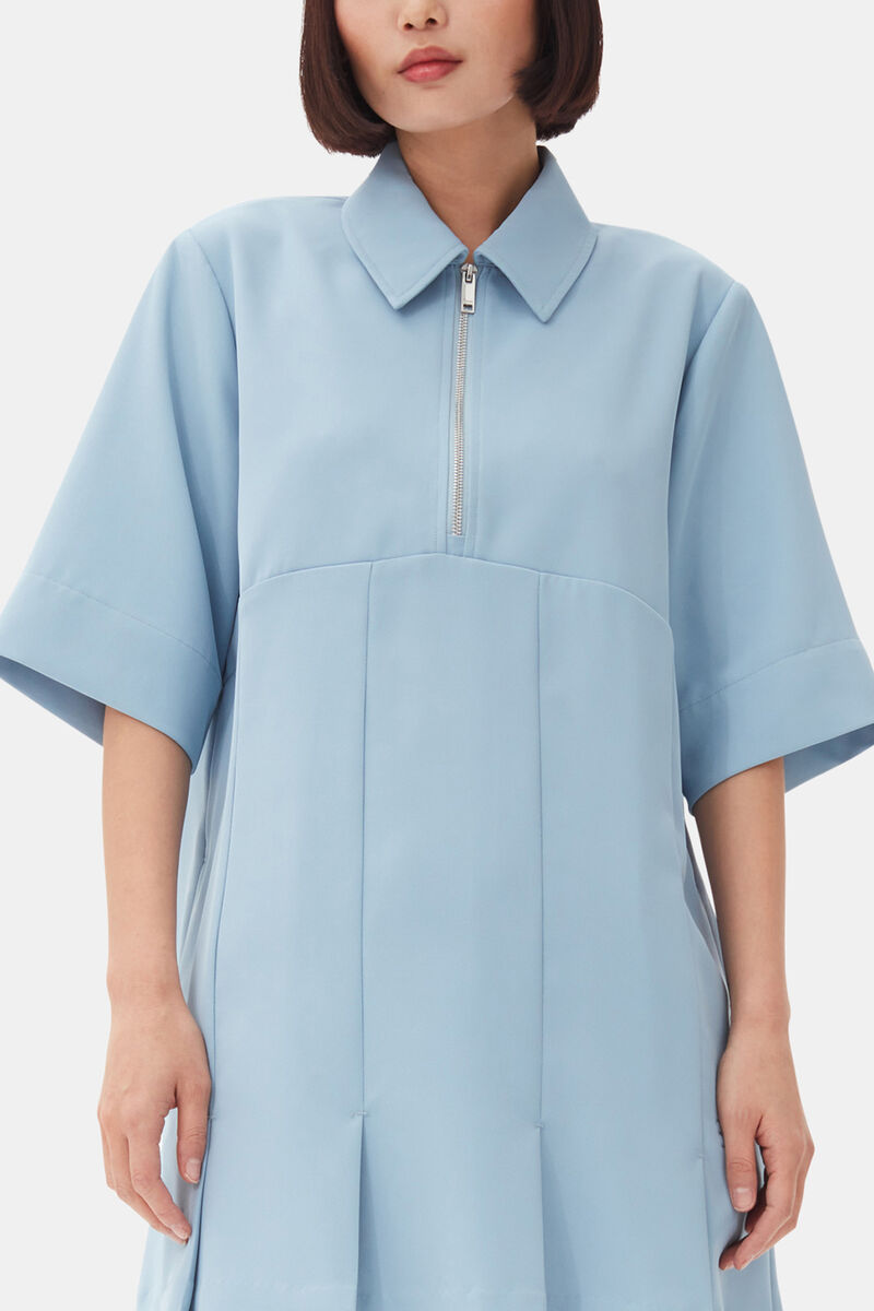 Hellblaues Mini-Kleid aus Twill-Suiting, Recycled Polyester, in colour Dusty Blue - 2 - GANNI