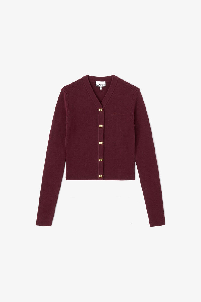 Ribbed V-Neck Cardigan, Red Dahlia