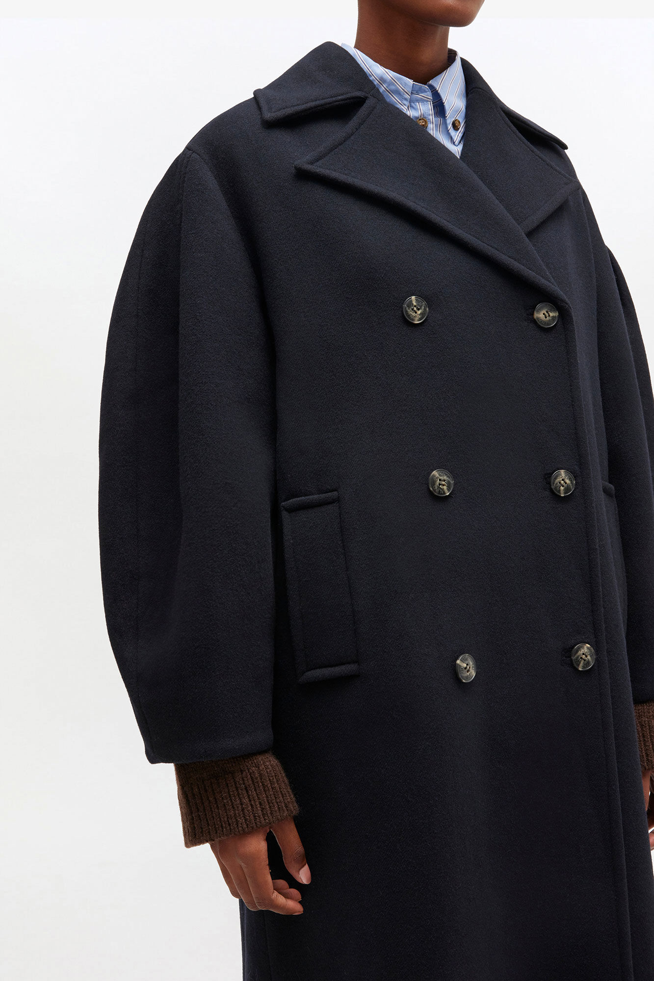 Dark Blue Wool Oversized Long Peacoat, Recycled Wool, in colour Sky Captain - 1 - GANNI