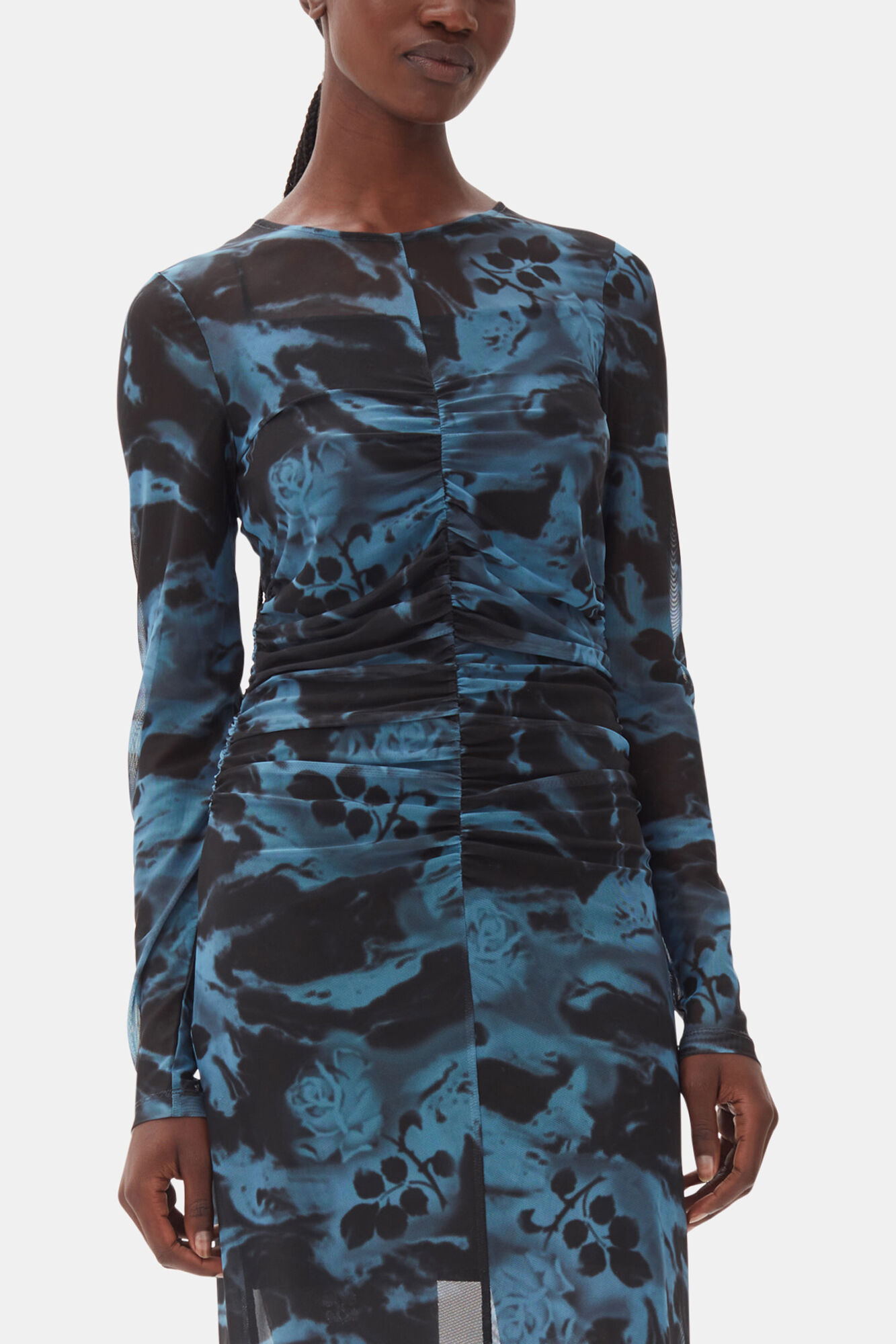Blue Printed Mesh O-neck Ruched Long Dress, Recycled Polyester, in colour Blue Shadow - 2 - GANNI