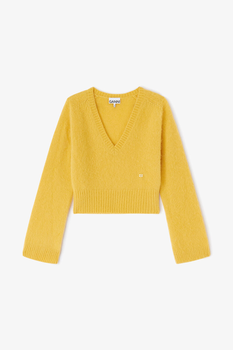 Yellow V-neck Jumper, Alpaca, in colour Blazing Yellow - 1 - GANNI