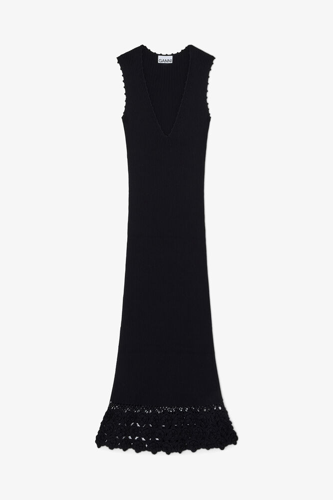 Langes Kleid aus Baumwollh&auml;kelstoff, Black