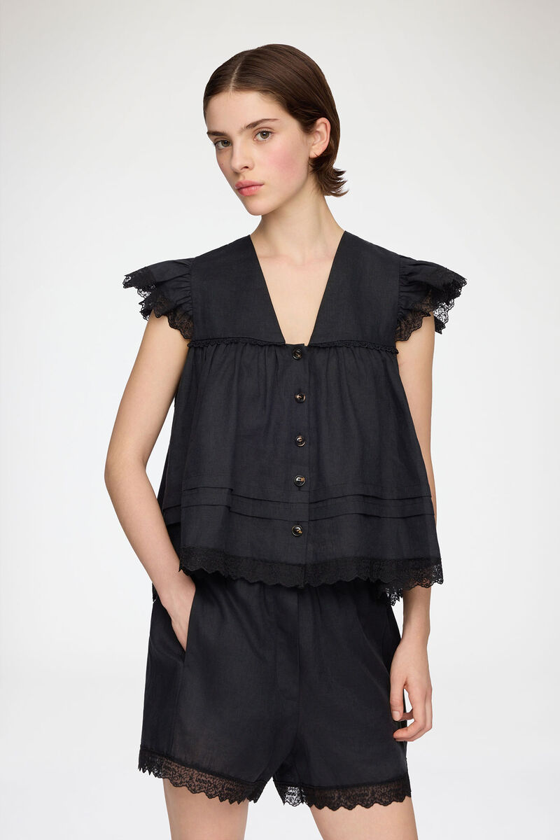 Blouse in Black Linen, Linen, in colour Black - 1 - GANNI