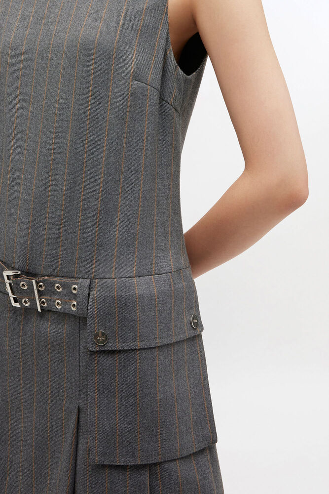Grey Stripe Belted Mini Dress, Pewter Melange