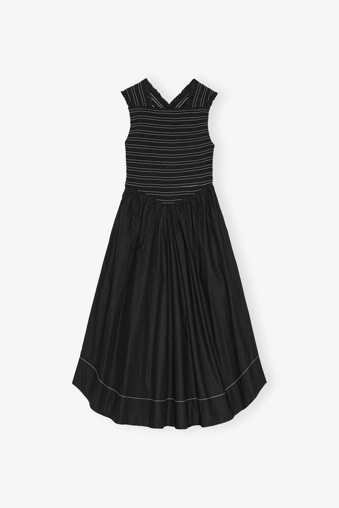 Washed Stretch Cotton Smock Midi Dress, Black