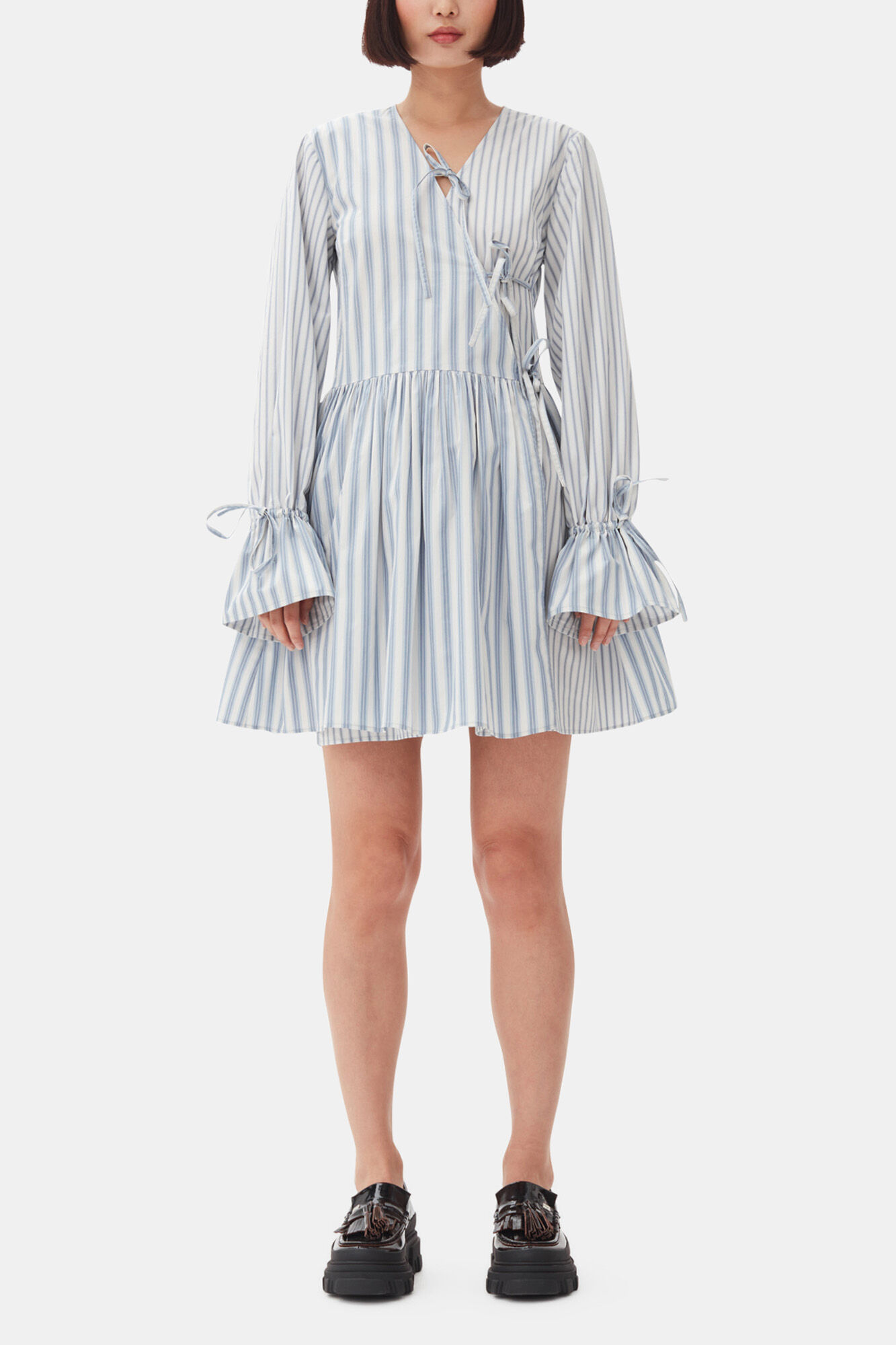 Blue Stripe Cotton Mini Wrap Dress, Organic Cotton, in colour Egret - 1 - GANNI