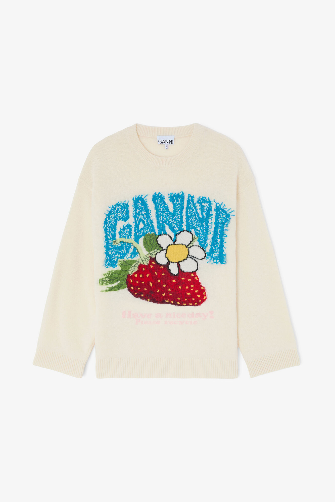 Oversized Jumper with Strawberry, Wool, in colour Egret - 1 - GANNI