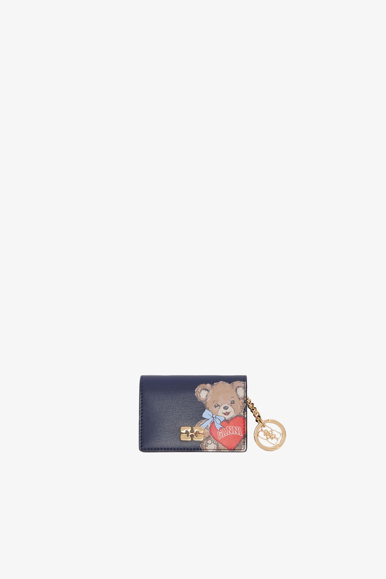 Bou Card Holder With Flap and Bear, Recycled Leather, in colour Black/Iris - 1 - GANNI