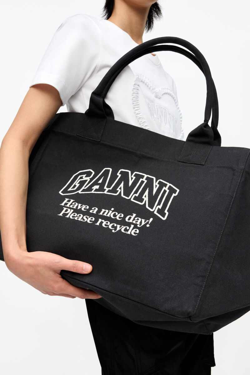 Black XXL Tote, Recycled Cotton, in colour Phantom - 2 - GANNI